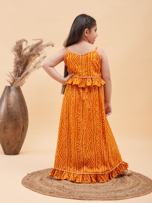 Girl's Orange Bandhani Top And Long Skirt Set